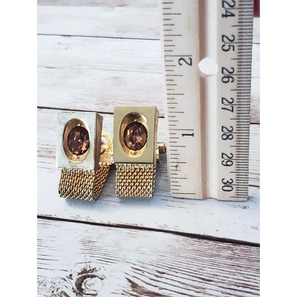 Vintage Cufflinks - Gold Tone & Amber Tone Gem